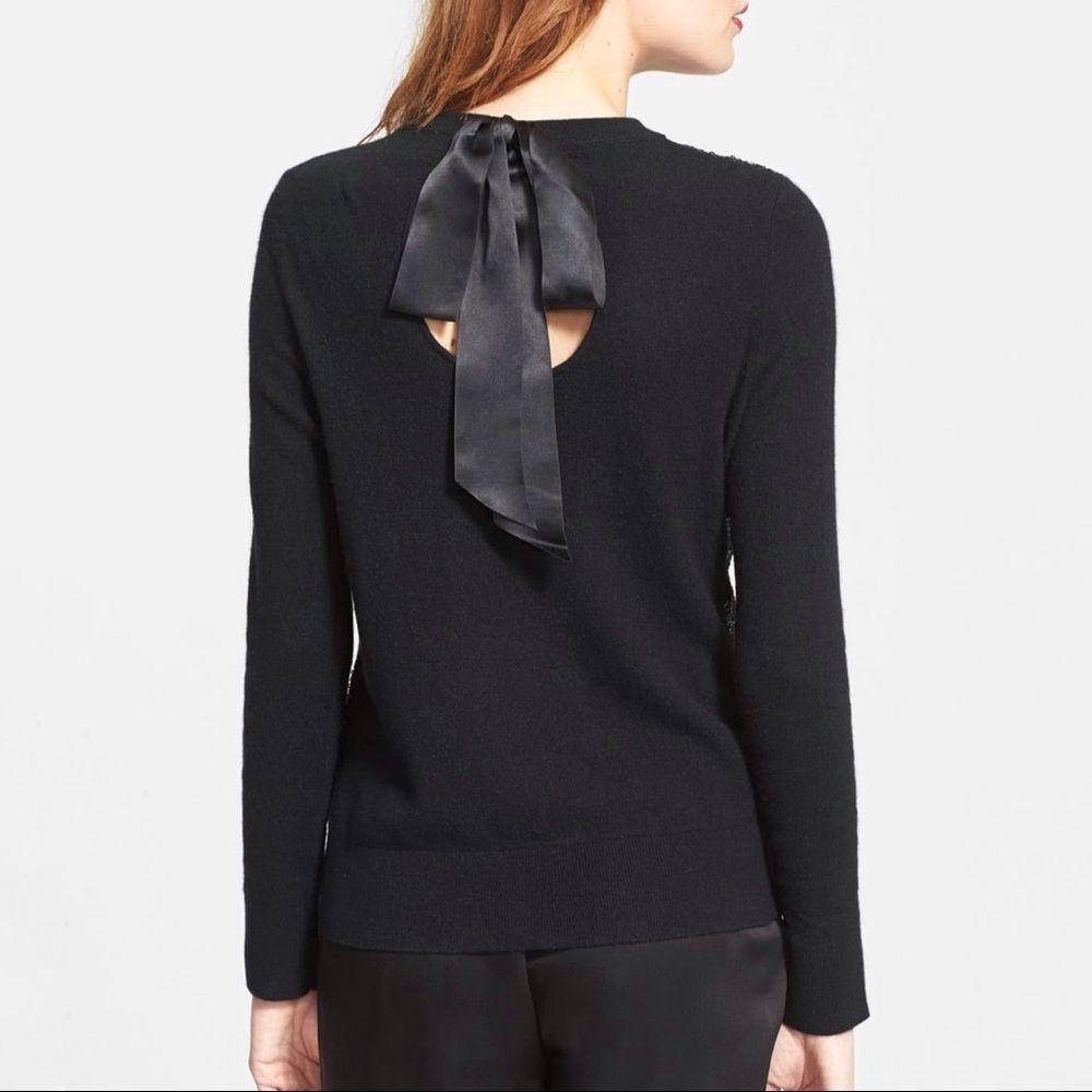 Kate Spade Black Sequin Front Satin Tie Back Sweater Cashmere Sparkle Size XS - Picture 2 of 8